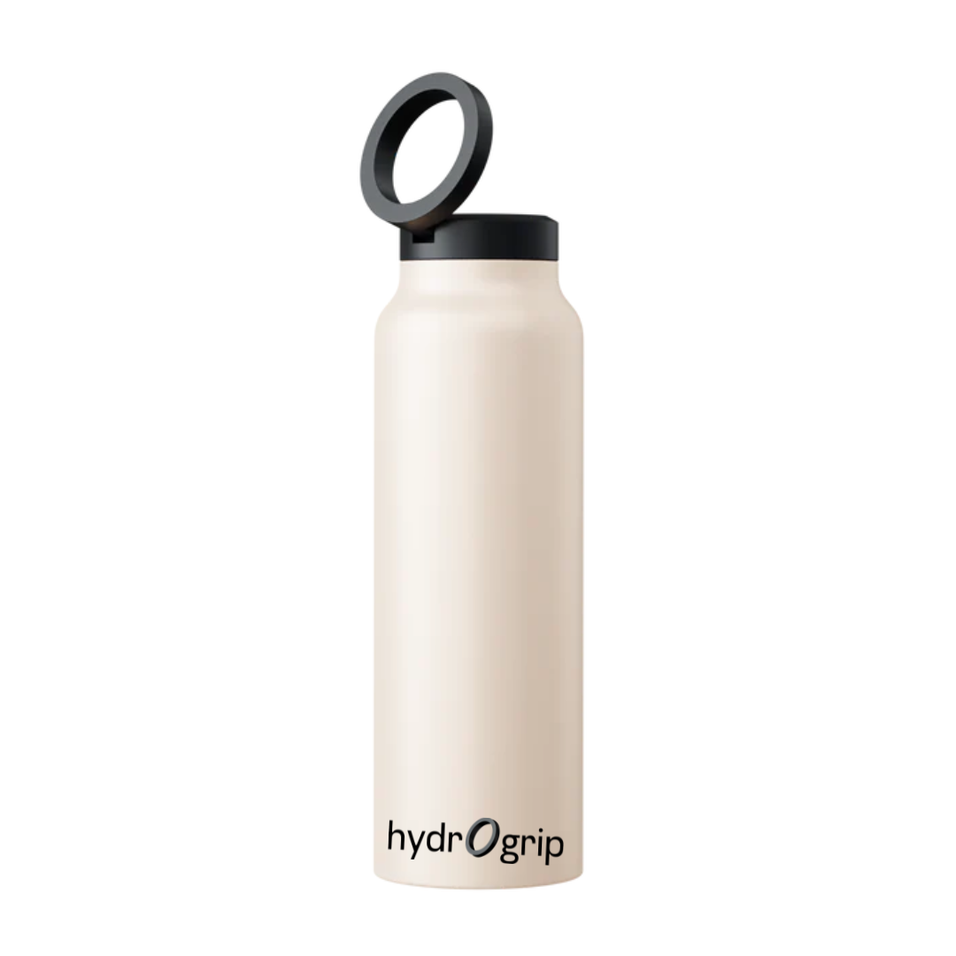 HydroGrip white water bottle with a MagSafe lid, shown with a free sticker ring accessory.