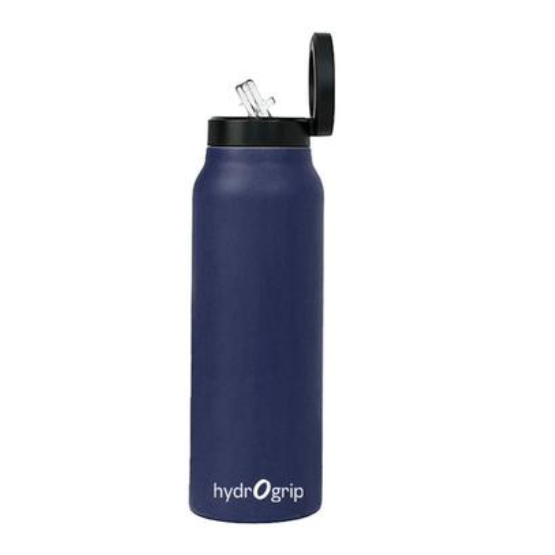 Navy HydroGrip bottle with double insulation, perfect for keeping drinks hot or cold.