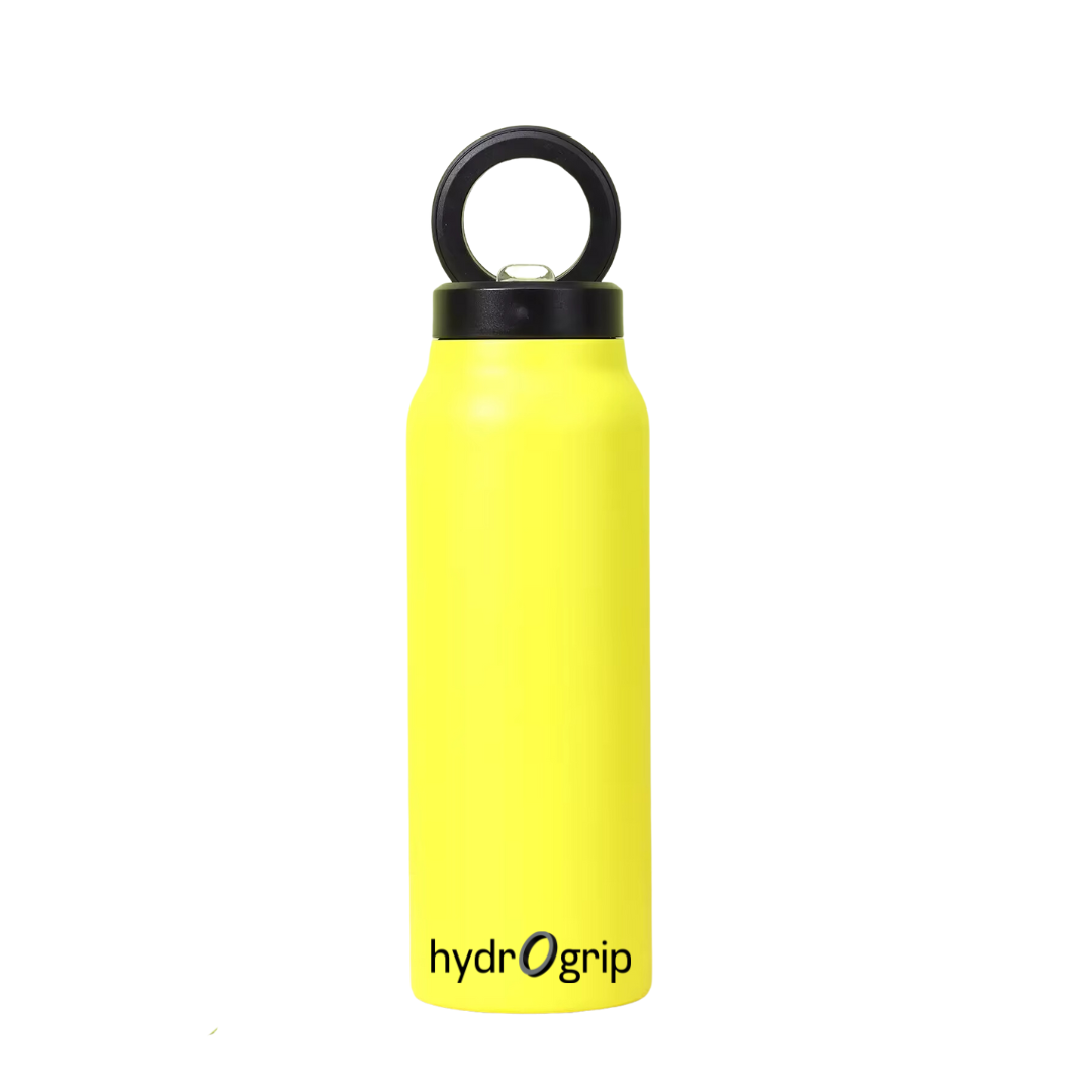 Yellow HydroGrip water bottle with phone holder for active and on-the-go users.