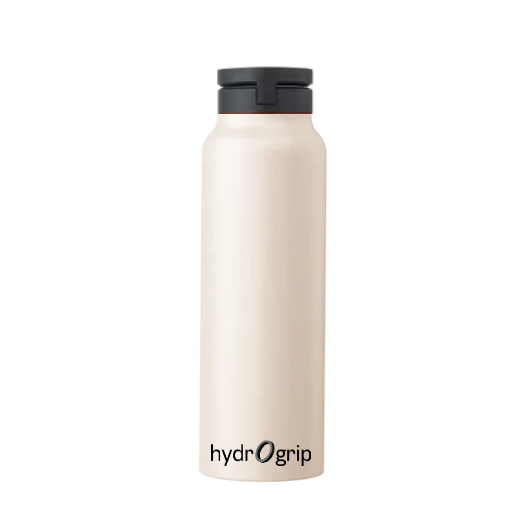 A white HydroGrip water bottle featuring a phone holder and free magnetic sticker ring.