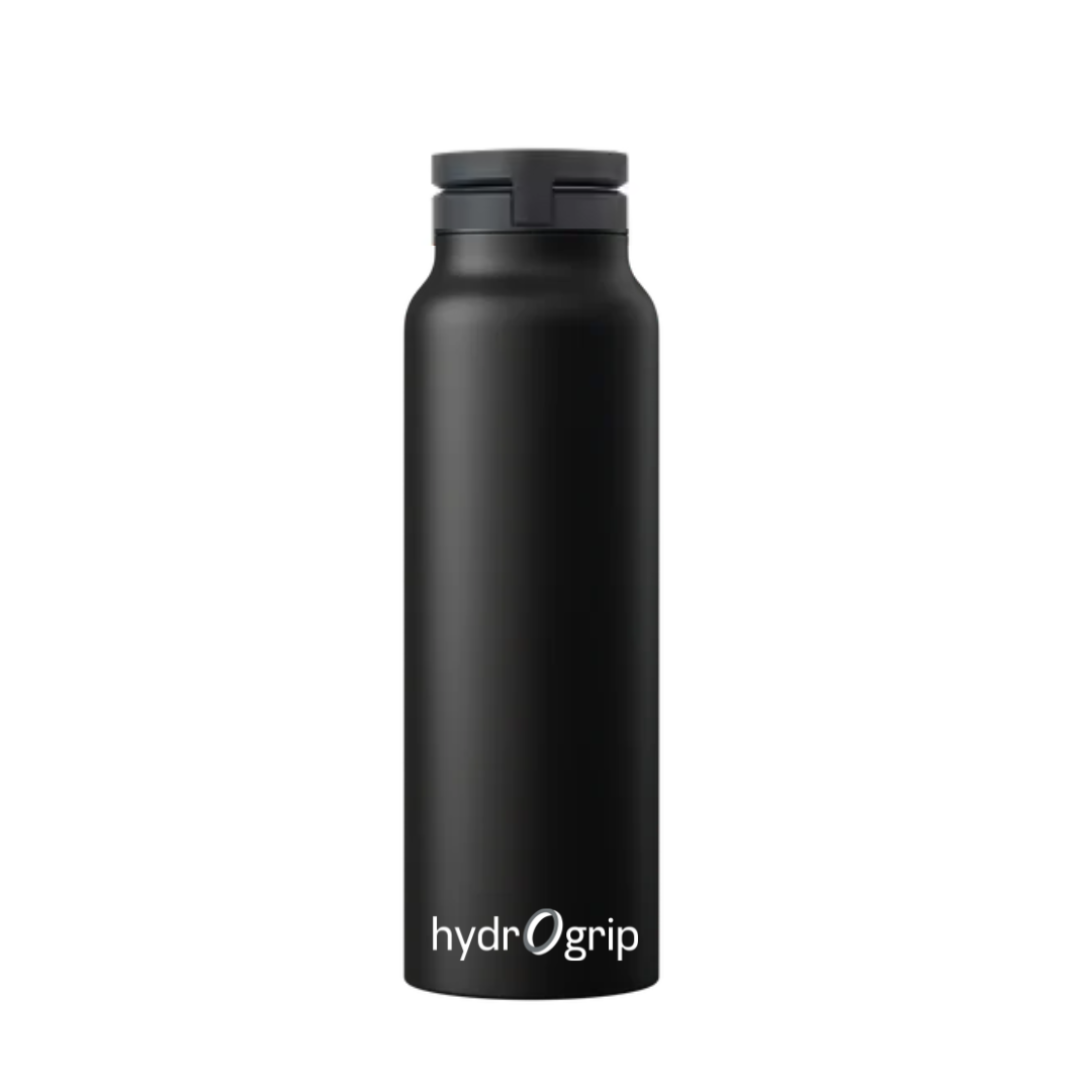 Black HydroGrip water bottle showing MagSafe functionality and free sticker ring accessory. Closed Cap.