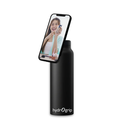 HydroGrip black water bottle with a phone holder, ideal for gym and outdoor activities.