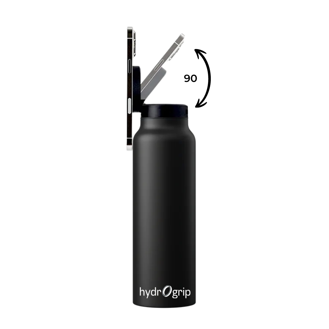 HydroGrip black water bottle with a phone holder, ideal for gym and outdoor activities.