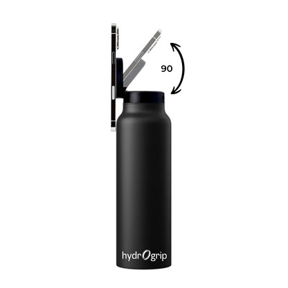 HydroGrip black water bottle with a phone holder, ideal for gym and outdoor activities.