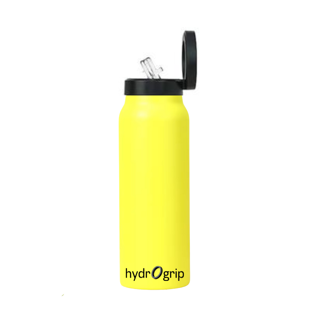 Hydrogrip Water Bottle with Phone Holder in Yellow. Straw cap. 