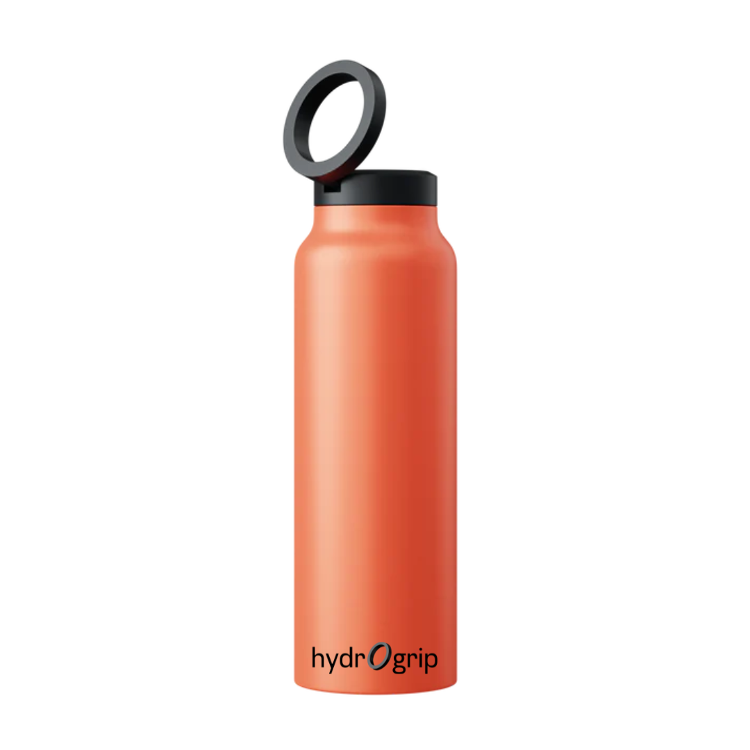 Orange HydroGrip water bottle with MagSafe lid, shown with a free sticker ring accessory.