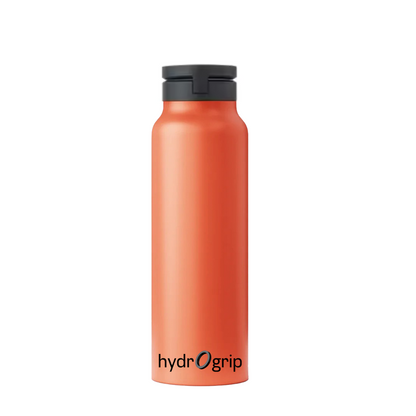 An orange HydroGrip water bottle featuring a phone holder and free magnetic sticker ring