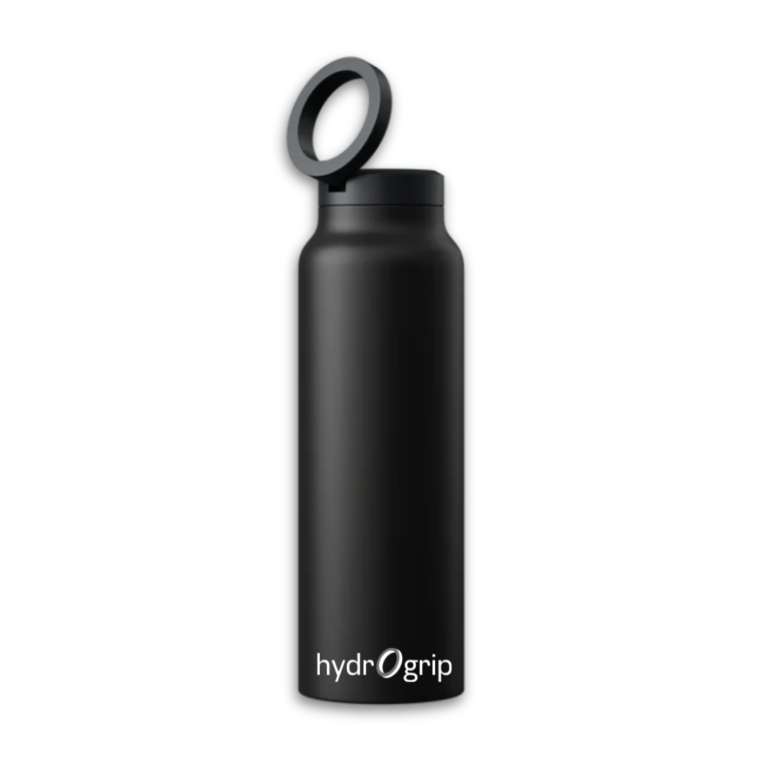 Sleek black insulated HydroGrip water bottle featuring a MagSafe lid for phones.