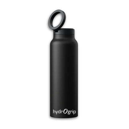 Sleek black insulated HydroGrip water bottle featuring a MagSafe lid for phones.